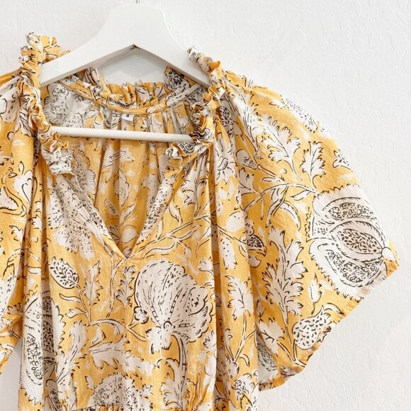 Floral 100% Cotton V-Neck Short Sleeve Ruffle Trim Flowy Mini Dress Boho Small - Picture 2 of 9